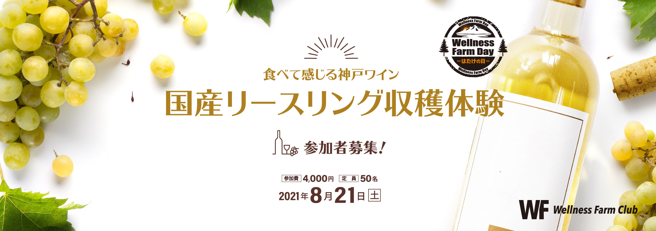 【Wellness Farm Day-はたけの日‐】食べて感じる神戸ワイン！国産リースリング収穫体験@神戸ワイナリー